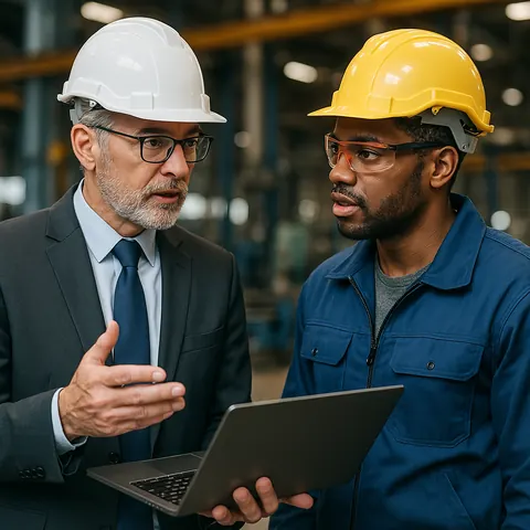 A consultant and a plant engineer in hard hats reviewing material on a laptop inside a factory