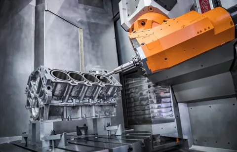 CNC machine tool cutting a large metal engine block