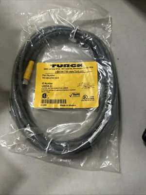 Turck sensor cordset coiled in a sealed bag with its yellow label