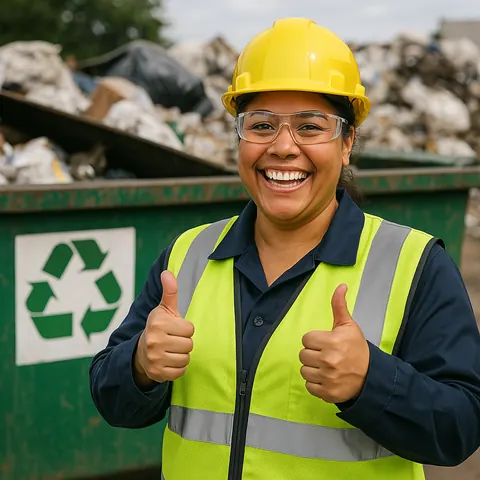 Worker in a hard hat and high-visibility vest giving a thumbs-up beside a recycling dumpster