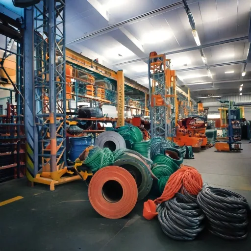 Warehouse aisle with racking full of coiled industrial hose, cable reels and machine components